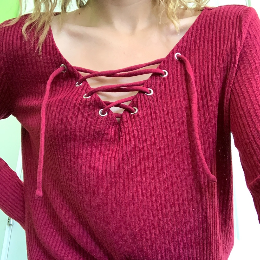 Lace up front red sweater